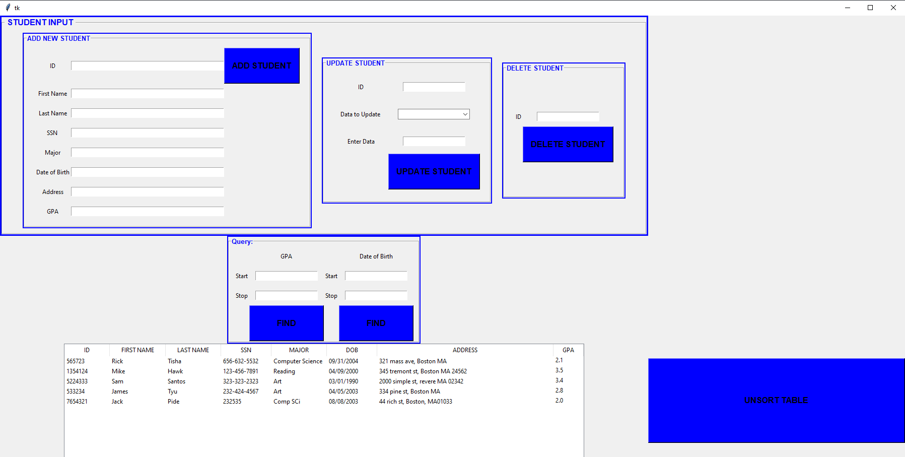 Student Database GUI Image